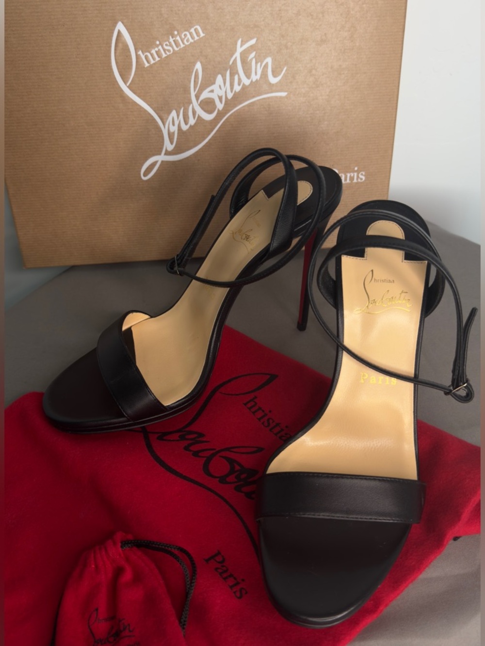 Christian Louboutin Black Leather Open-Toe Ankle-Strap Heels